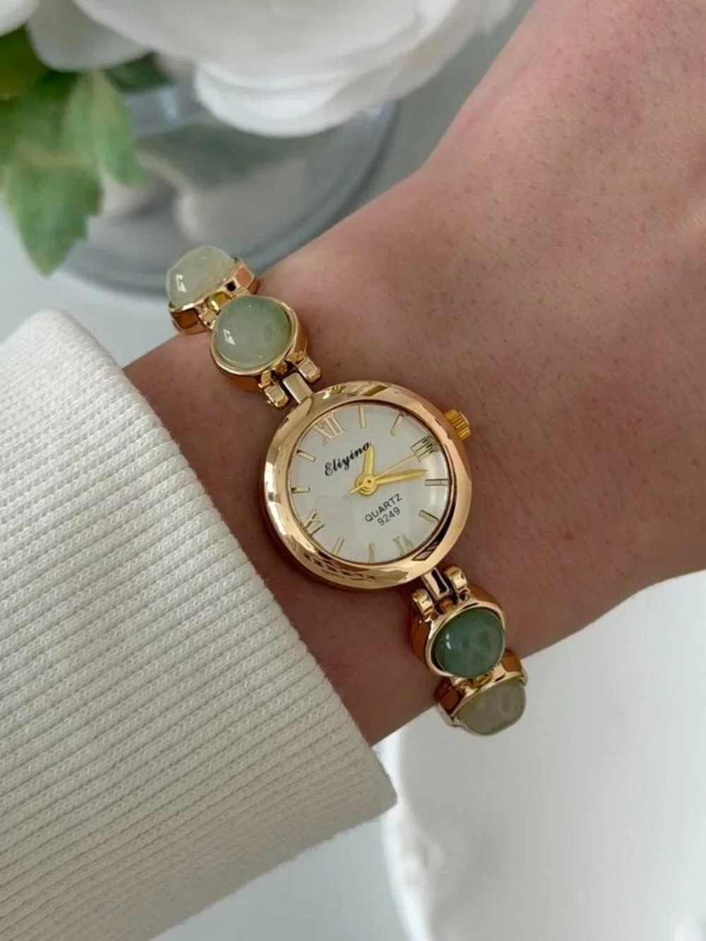Sku0502 Retro Gold Green Gemstone Women Watch Bracelet Stainless steel+gift‎ bag